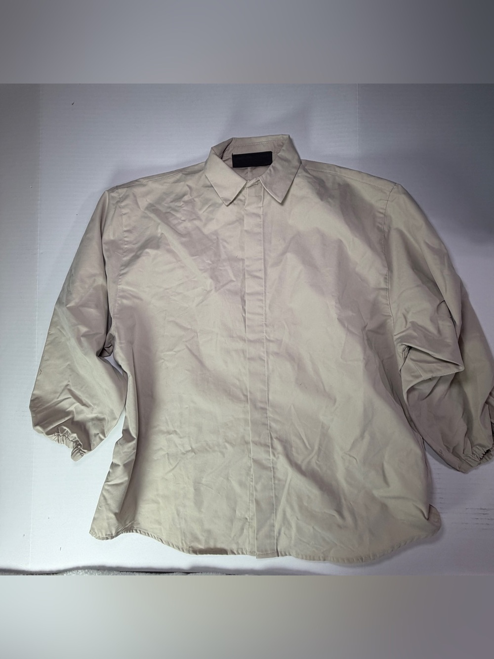 Essentials Oversized Snap Front Shirt Jacket Beige Size 12 nwot repaired button